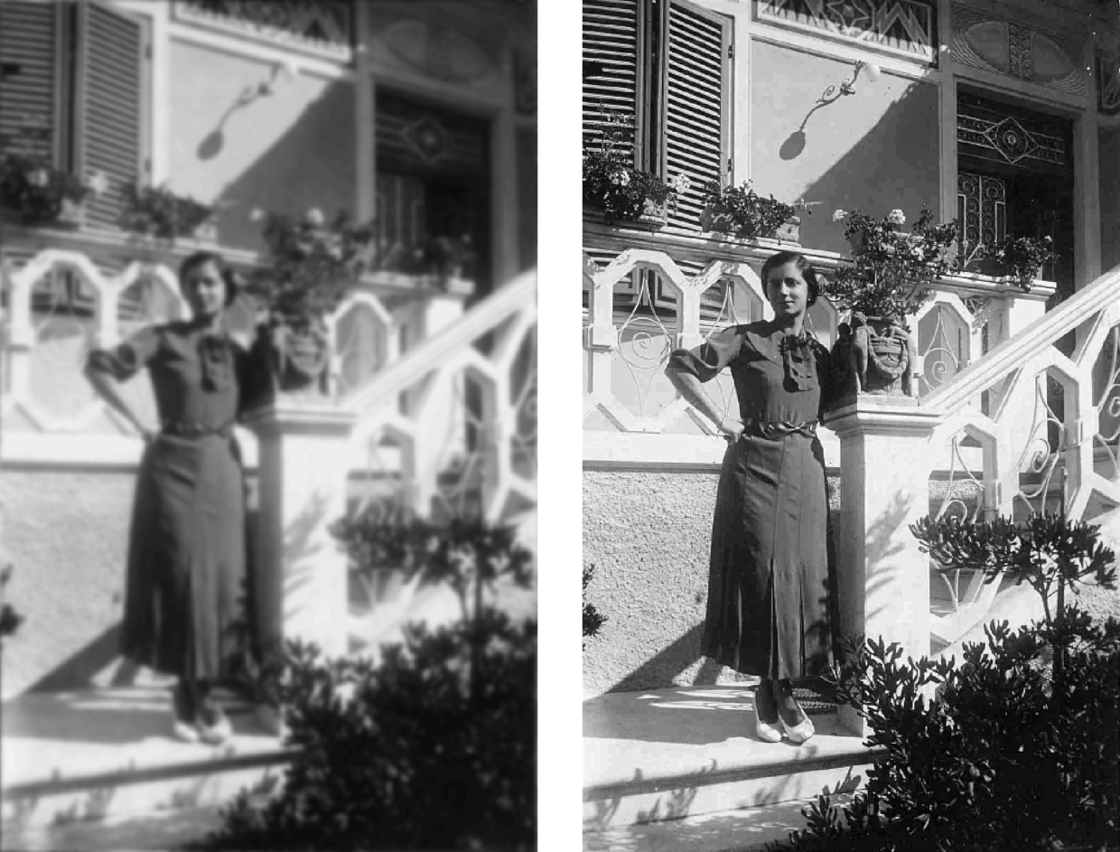 Weber's law based gradient climbing applied to an image results in deblurring (from a photo of Dora Bianchi ca. 1930)